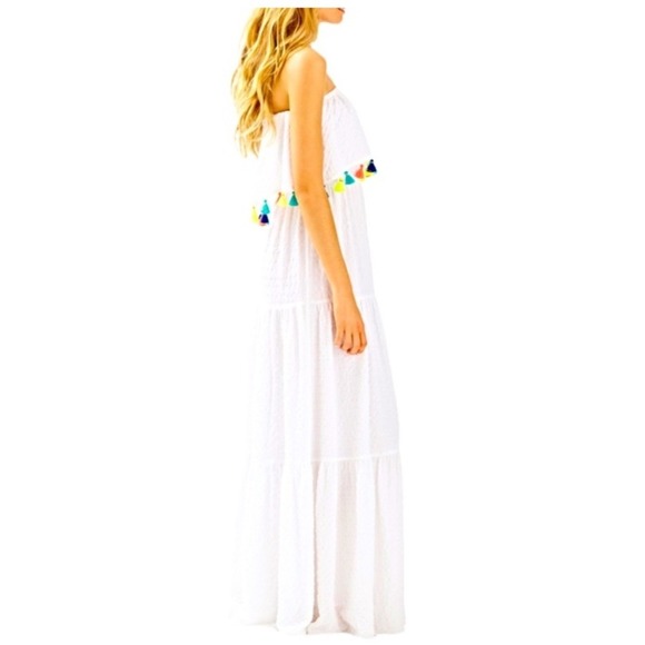 Lilly Pulitzer Caridee Maxi Dress Womens L White Tassel Strapless Tiered - Picture 2 of 11